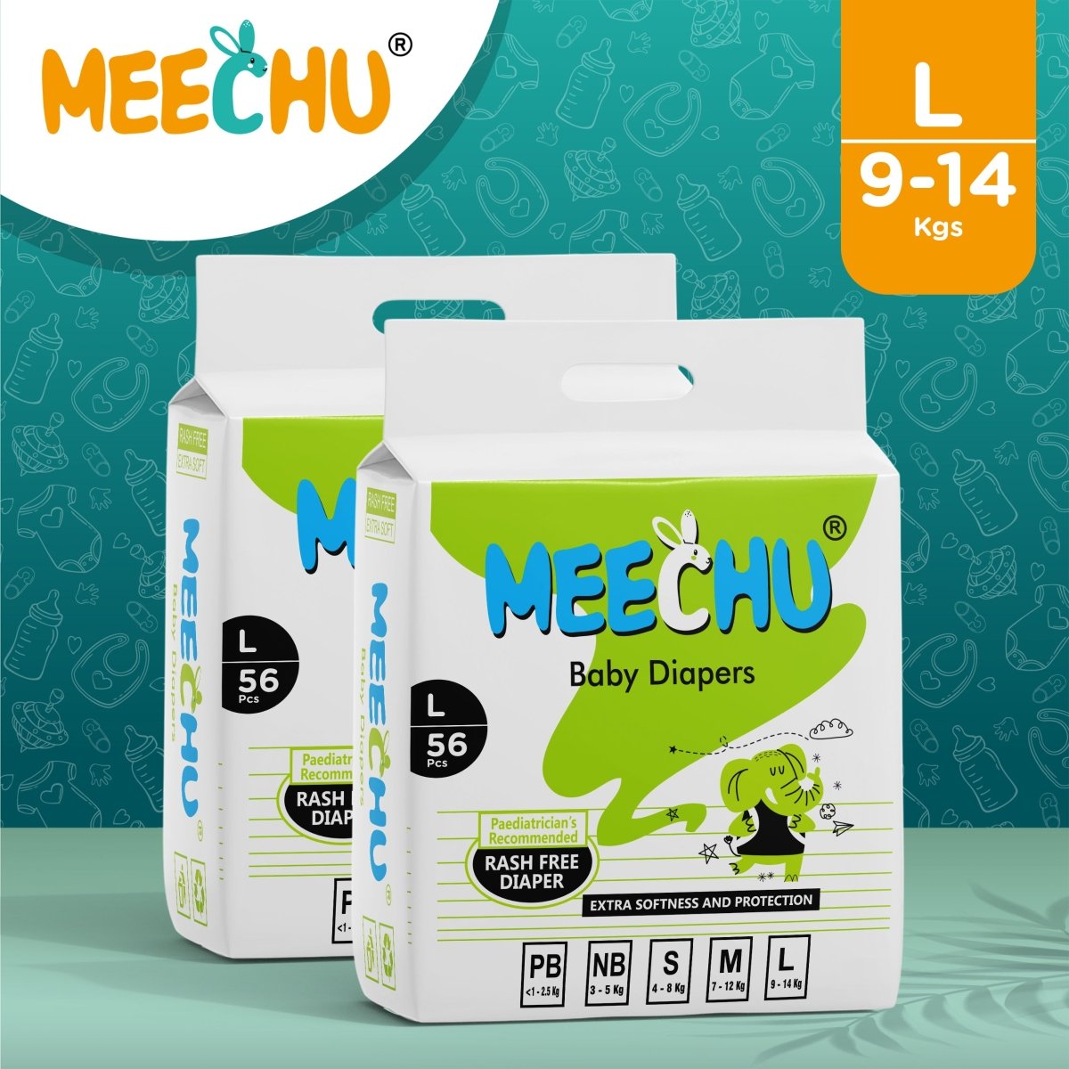Meechu Large Baby Diapers(9 - 14kg), Anti - rash| 3D Leak Guard | Magic Grip - Meechu